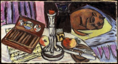 銀の燭台のある静物画（猫のいる静物画 作： Max Beckmann