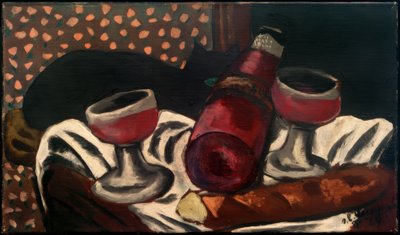 ワイングラスと猫のいる静物画 作： Max Beckmann