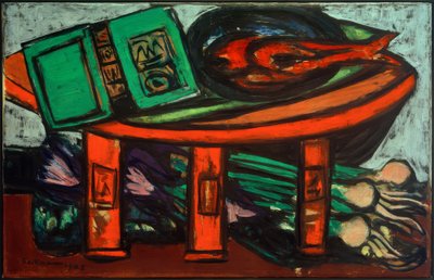 グリーンブックとラディッシュのある静物画 作： Max Beckmann