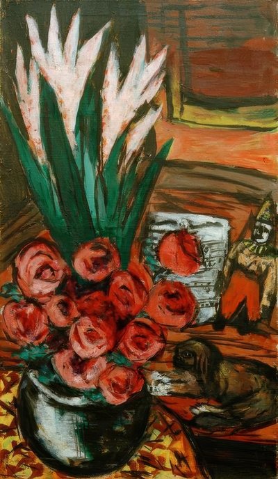 赤い薔薇とブッチューのある静物画 作： Max Beckmann