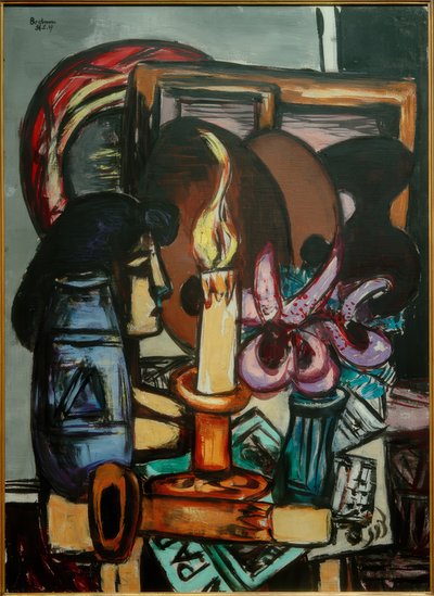 2つの大きなキャンドルのある静物画 作： Max Beckmann