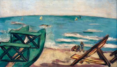ボートとデッキチェアのあるビーチ 作： Max Beckmann