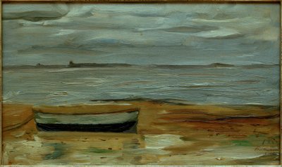 グレーのバージとグレーの海のあるビーチ 作： Max Beckmann