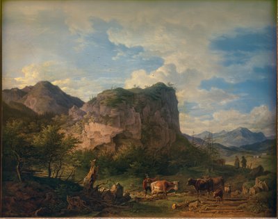 オーバーアウドルフ近くの岩肌の前の牛 作： Max Joseph Wagenbauer