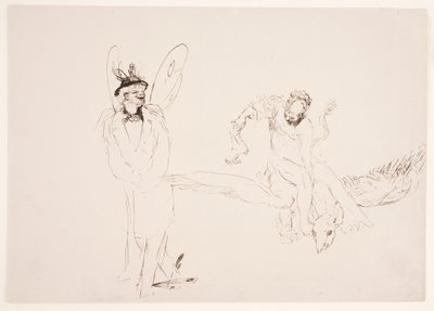 "Weg der Befleckung" - 蝶の羽を持つ男性 (自画像?) と空飛ぶファンタジー クリーチャーに乗った女性 作： Max Klinger