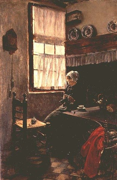 インテリアの中で編み物をする若い女性 作： Max Liebermann