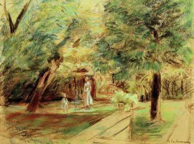 生垣の庭の前で乳母と孫娘 作： Max Liebermann