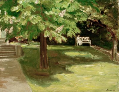 栗の木の下の庭のベンチ-咲く栗 作： Max Liebermann