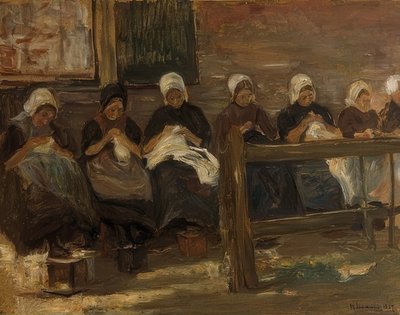 ホイゼンで女の子を縫う-7人の数字で勉強する。 1889 作： Max Liebermann
