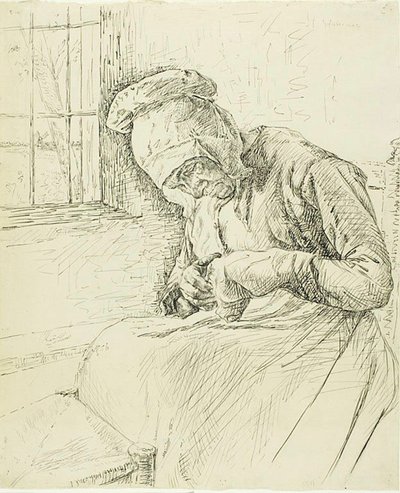 窓際で修繕する老婆 作： Max Liebermann