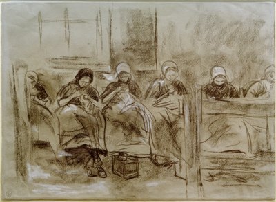 家の壁の前で6人の縫製オランダの女の子 作： Max Liebermann