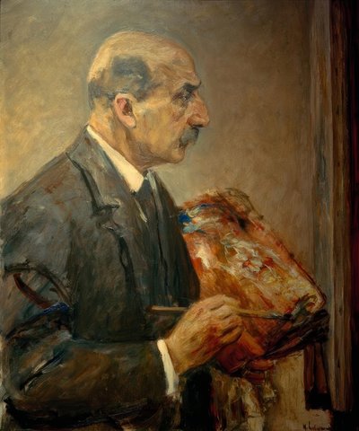 プロファイル内のイーゼルにパレットを備えた自画像 作： Max Liebermann