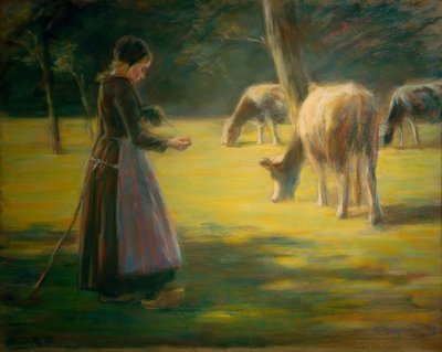 牧草地で牛を回転させる-日差しの中で 作： Max Liebermann