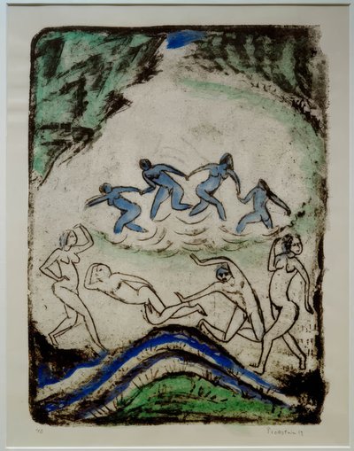森の池で踊ったり水浴びをする人々 作： Max Pechstein