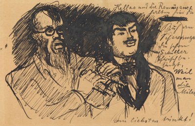 レンバッハの風刺画3点: a) 胸像（スケッチ風）; b) 全身像; c) シュトゥックとともに 作： Max Slevogt