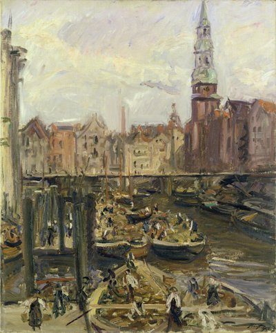 1905年、ハンブルクの運河沿いの水上マーケット 作： Max Slevogt
