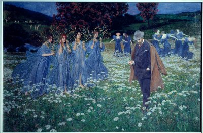 空想、世界 夢のような風景、野原を横切る男。 マクシミリアン レンツ (1860-1948) の絵画 作： Maximilian Lenz