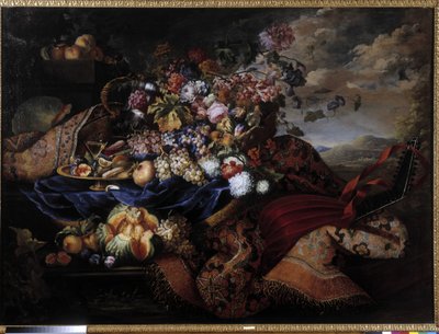 フルーツ バスケット、花、カーペットの上のリュート。 Maximilian Pfeiler (1481-1536) による絵画。 必須の言及: マルセイユのプロヴァンスに関するコレクション財団 (cm 145x196,5) 作： Maximilian Pfeiler or Pfeiller