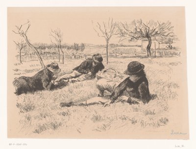 牧草地で休む 3 人の男性 作： Maximilien Luce (signed by artist)