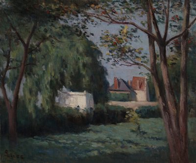 3 つの家と木のある田舎の風景 作： Maximilien Luce