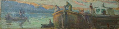 はしけとボートのある川の風景 作： Maximilien Luce