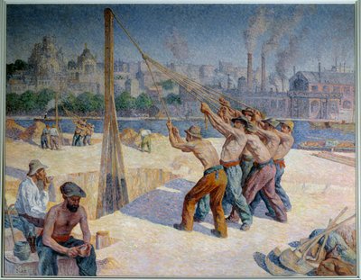 セーヌ川の岸辺の杭打ち太鼓 ビランクール画 マクシミリアン・ルーチェ（1858-1941）1903年 薄暗い。1,53 x 1,95 m パリ、オルセー美術館 作： Maximilien Luce