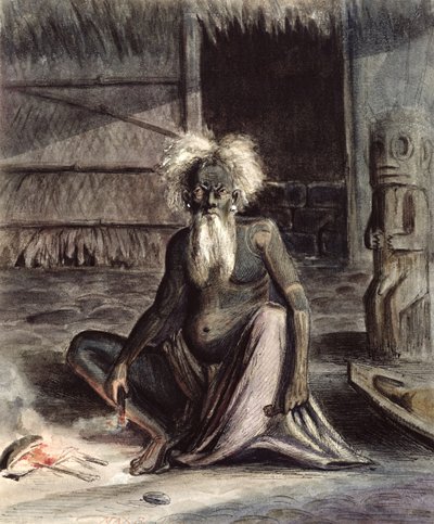 ティキの近くに座ったタヒチの老人、1841-48年頃（紙にペンとインクとトイレ） 作： Maximilien Radiguet