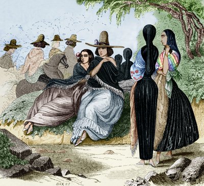 ペルーのリマの女性たち、1840年代にラディゲがリマを旅行した際のエングレーヴィング、カラー化された資料 作： Maximilien Radiguet