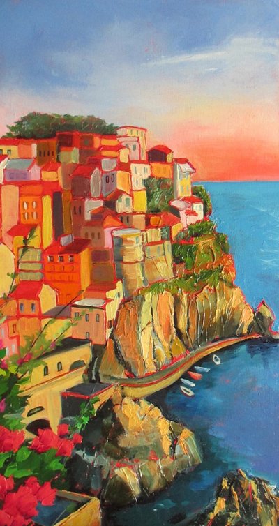 色鮮やかな海岸の村 作： Maxine Shore