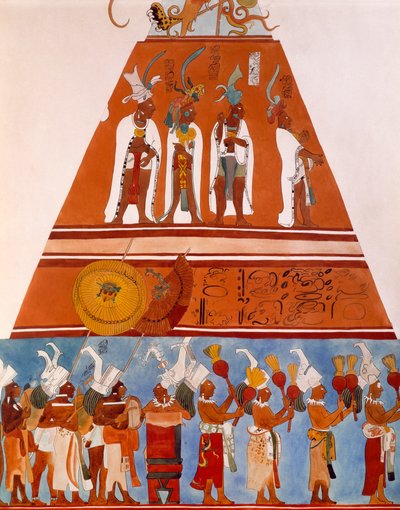 メキシコ・チアパス州ボナンパクのフレスコ画。行列の様子を示す詳細。マヤ文明、9世紀。 作： Mayan