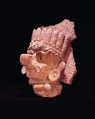 マヤのトウモロコシの神オアハカの頭、西暦500年頃（陶器） 作： Mayan