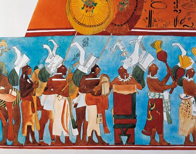 音楽隊の行列を描いたボナンパクのフレスコ画（壁画）の復元図 作： Mayan