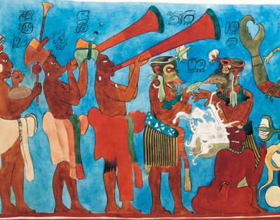 メキシコ、チアパス州、ボナンパクのフレスコ画の再現、音楽家のいるディテール 作： Mayan