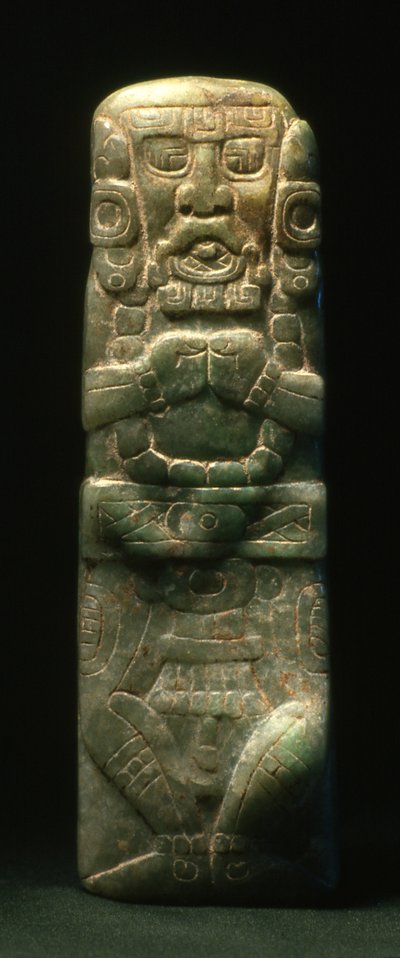 像はコパンの象形文字の階段を下って奉納され、後期クラシック時代（600-900）（翡翠） 作： Mayan