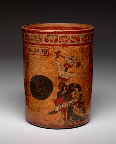 球技シーンのある円筒形の容器、クラシック後期、c.682-701（セラミック） 作： Mayan Mayan