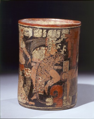 犠牲の場面が描かれた円筒形の容器、紀元後600850年頃（陶磁器、顔料 作： Mayan Mayan