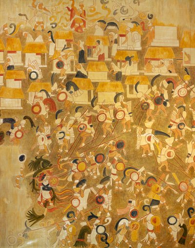 戦いの様子を描いたチチェン・イッツァ（メキシコ・ユカタン州）のマヤ絵画を復元したもの。マヤ文明。 作： Mayan Mayan