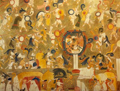 戦いの様子を描いたチチェン・イッツァ（メキシコ・ユカタン州）のマヤ絵画を復元したもの。マヤ文明。 作： Mayan Mayan