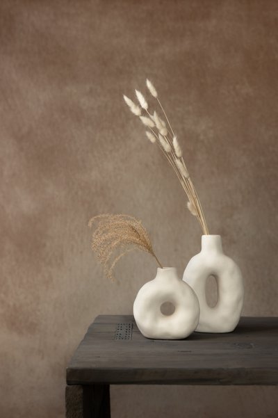 土の色合いの陶器の植物画 作： 