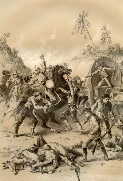 ブスレンジャーに襲われたゴールド・エスコート（オーストラリア、1879年 作： McFarlane and Erskine