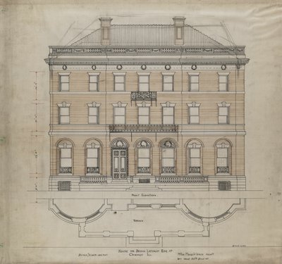 Bryan Lathrop House、イリノイ州シカゴ、正面図とテラス プラン、1892 年。 作： Mead and White McKim