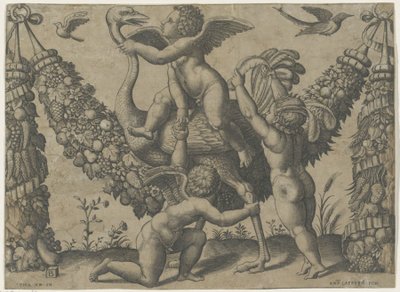 ダチョウと 3 つの putti ラファエロによる教皇のタペストリー（シリーズタイトル） 作： Meester van de Dobbelsteen