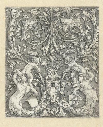 2 人の子供と馬の頭蓋骨の飾り 作： Meester van de Paardenhoofden