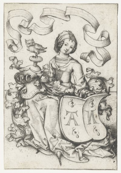 フクロウと文字 AN の紋章を持つ女性 作： Meester van het Amsterdamse Kabinet
