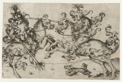 馬に乗った 2 人の野生の男の戦い 作： Meester van het Amsterdamse Kabinet