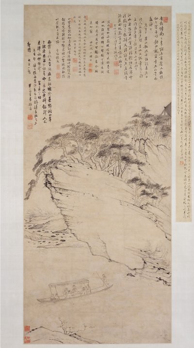 1673年に作成された「Boating on a River Beneath a Cliff」。 作： Mei Qing