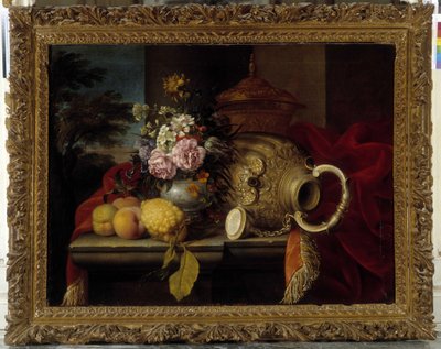 花束、果物、花瓶、赤い布のある静物（油彩・キャンバス 作： Meiffren (c.1630 1705) Conte