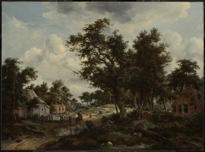 村の小道を行く旅人のいる森の風景 作： Meindert Hobbema