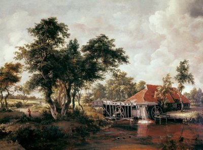 赤い大屋根の水車小屋。絵画： Meindert HOBBEMA 作： Meindert Hobbema