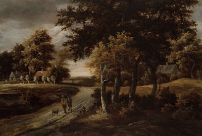 道に人物がいる樹木が茂った風景 作： Meindert Hobbema